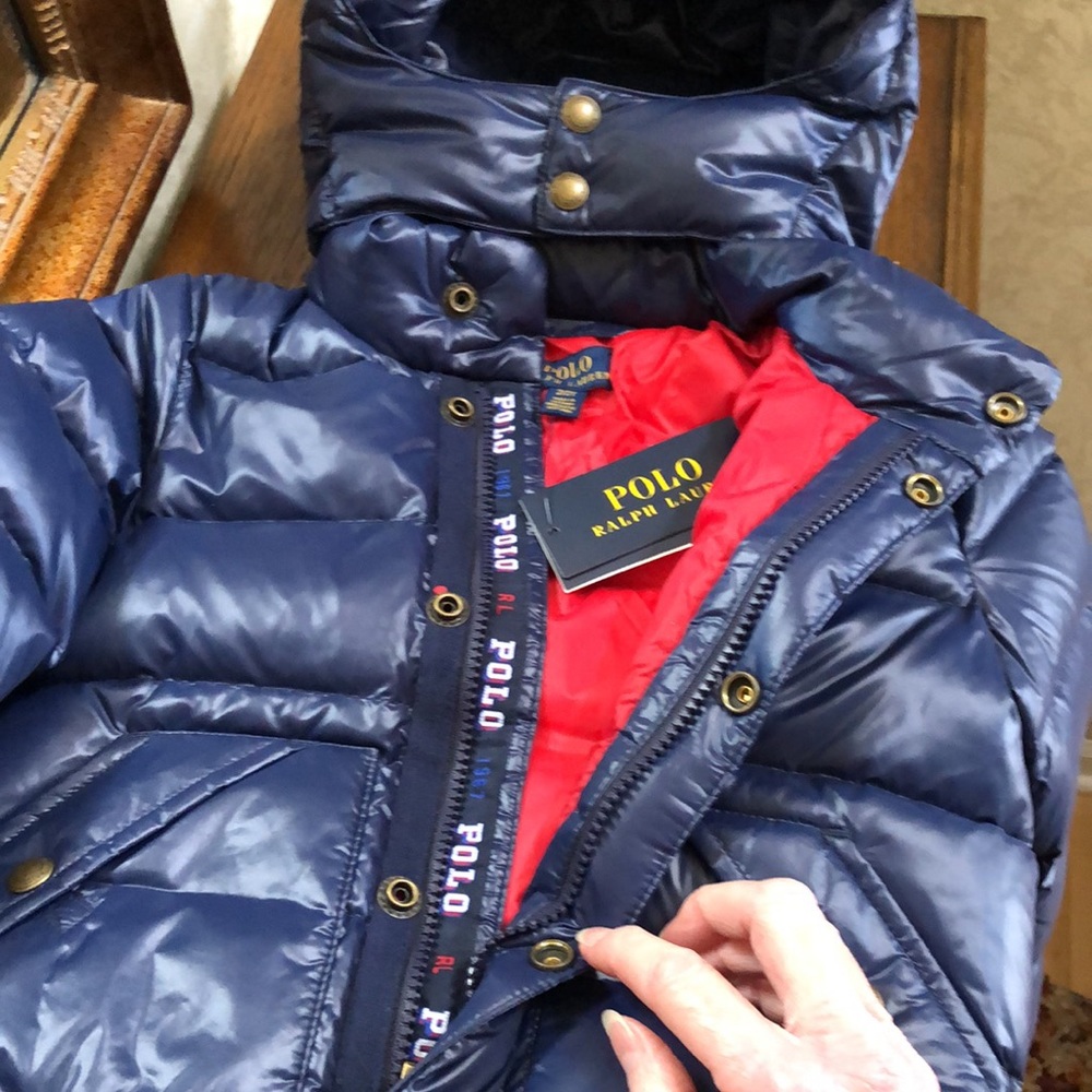 New Toddler Boy’s POLO Ralph Lauren puffer jacket.  Size 2/2T.  Blue out/red in.